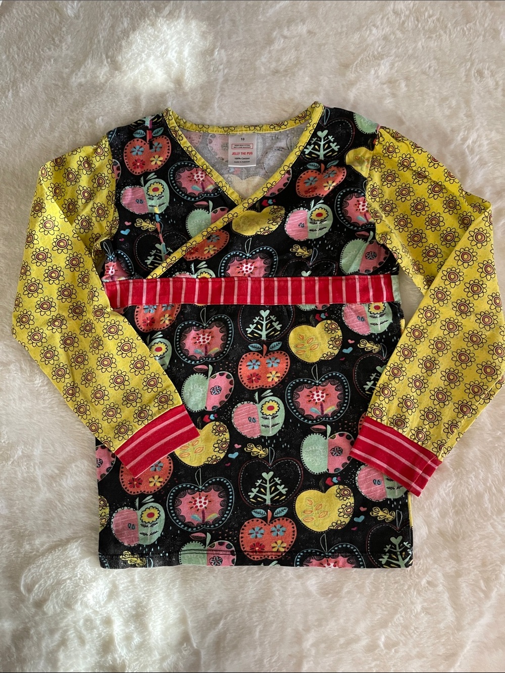 Jelly the Pug girls Long Sleeve Apple Print  PJs Top - Yellow & Black SZ 10